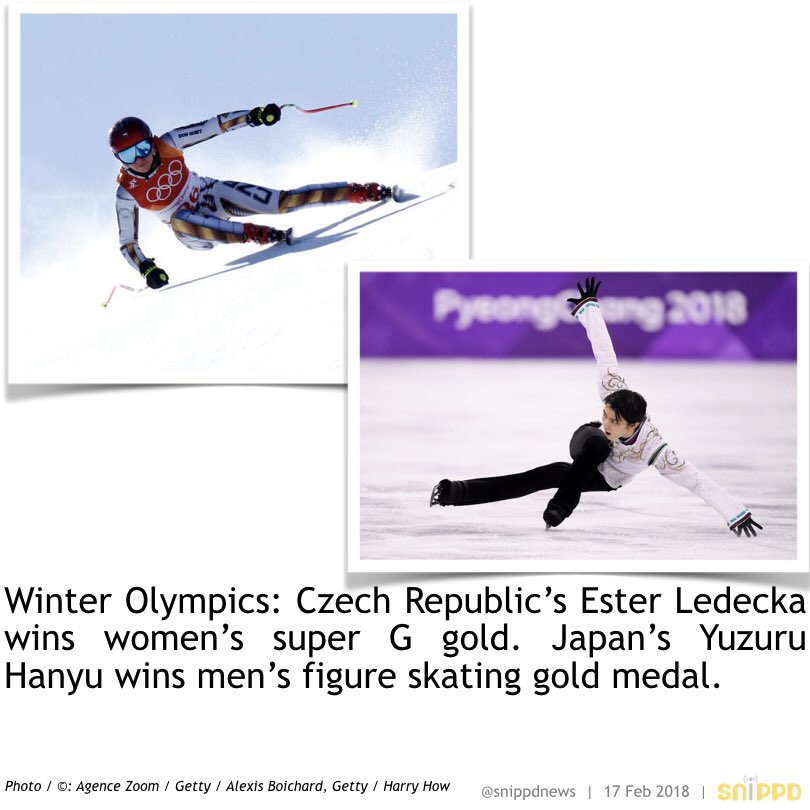 Snippdnews's tweet photo. #WinterOlympics: #CzechRepublic’s #EsterLedecka wins women’s #superG gold. #Japan’s #YuzuruHanyu wins #figureskating gold. #Pyeonchang2018 https://t.co/pPubzkwAwP