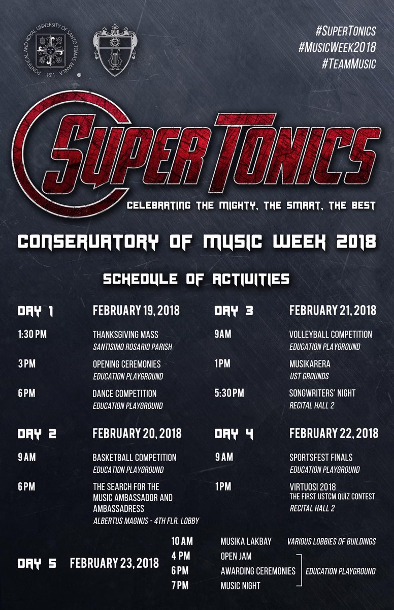 ustcmsc's tweet photo. Presenting the schedule of activities for this year's Conservatory of Music Week! 

We hope to see you all in our activities this week.

#SuperTonics
#USTMusicWeek2018
#TeamMusic https://t.co/GiQxULcTH0