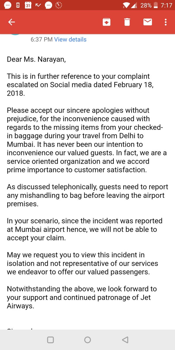 jet airways lost baggage escalation