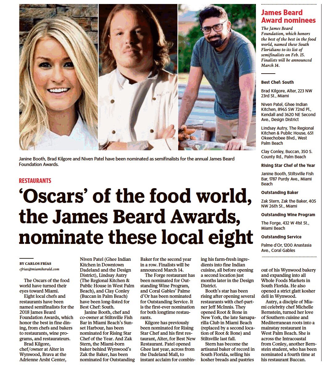 MiamiHeraldFood's tweet image. Oh, hai, James Beard Award nominees! I see you in the Sunday @MiamiHerald