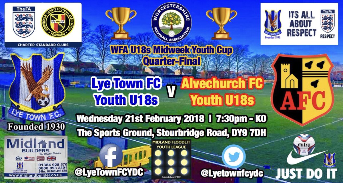 Lyetownofficial's tweet photo. For the 3rd time of asking our Under 18s Youth team are in @WorcsFA Midweek Youth Cup quarter final action on Wednesday (21/02/18 - 7:30pm ko) to where we welcome @Alvechurchfcu18 Youth to The Sports Ground.
There will be no admission charge into the game!
#WFA🏆 #LTFCYDC #COY🦅 https://t.co/5P4yQXMpaB