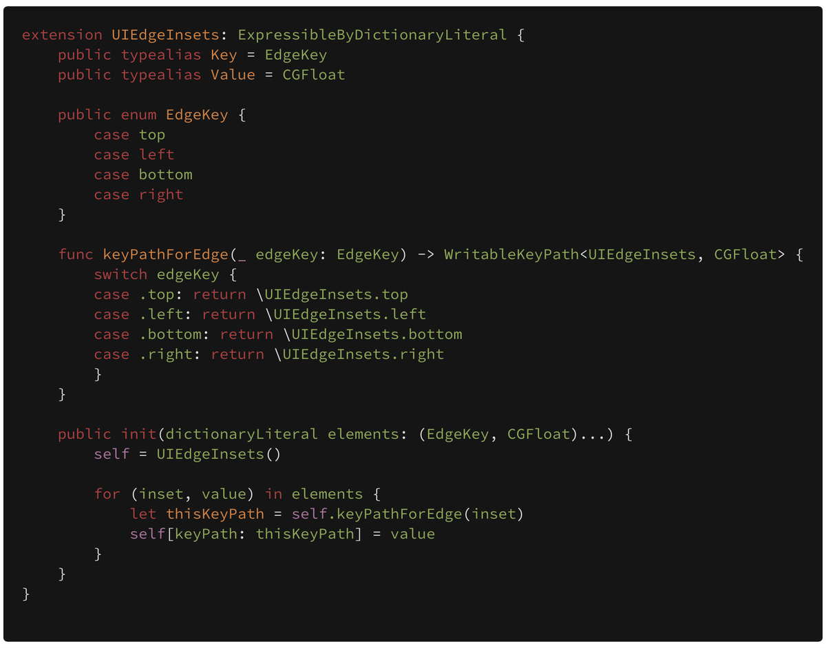 PublicExtension's tweet image. 9️⃣4️⃣: I love this way to initialize UIEdgeInsets. Brought to you by @sharplet, with an assist from @danielpunkass. You can&apos;t go wrong with this idea, only .right.

github.com/mergesort/Publ…