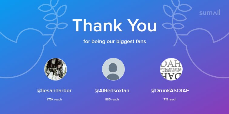 LordLastHearth's tweet photo. Our biggest fans this week: @liesandarbor, @AlRedsoxfan, @DrunkASOIAF. Thank you! via https://t.co/ll7lkL8zLf https://t.co/I6rlGrO04B