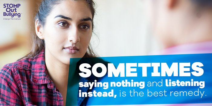 STOMPOutBullyng's tweet image. It’s not always clear what to say to someone being bullied. Remember, sometimes listening helps. #beafriend #changetheculture #STOMPOutBullying