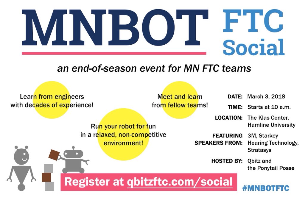 Qbitz_ftc's tweet image. Don’t forget to sign up for the MNBOT FTC Social for a chance to meet other teams, scrimmage, and learn about how FIRST values are used in the real world! Visit QbitzFTC.com/social to sign up!