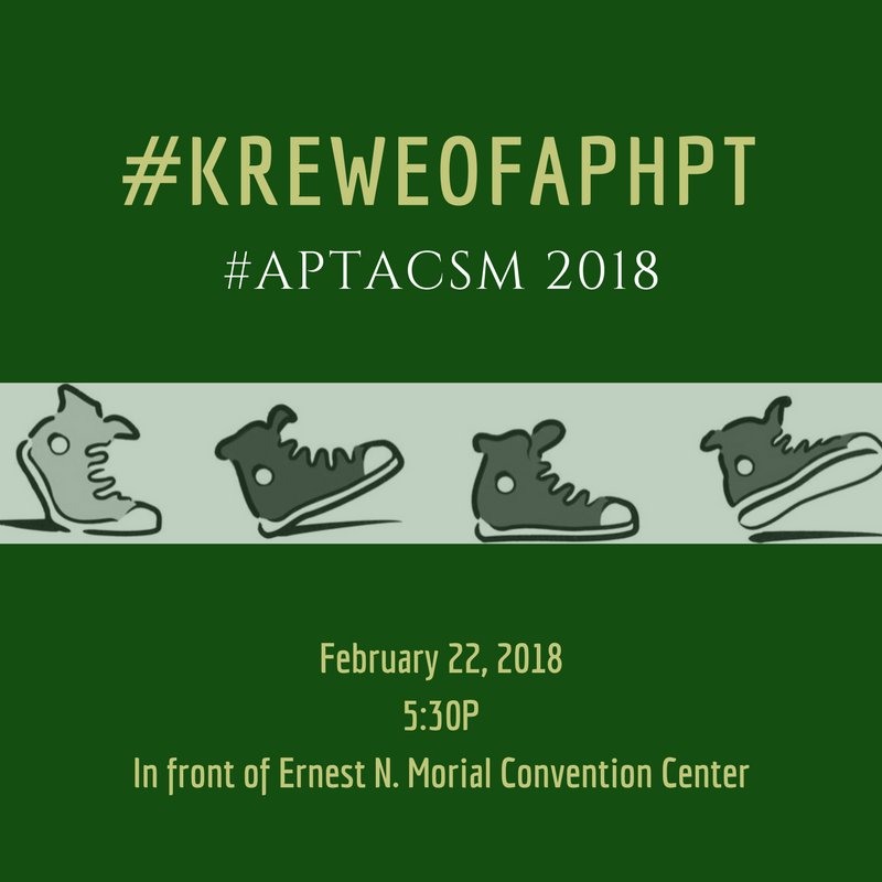 #APTACSM is right around the corner and <a href="/TheAPHPT/">APHPT</a> has something exciting planned! Meet the #KREWEofAPHPT at 5:30P outside of the convention center on THURSDAY Feb 22 and be sure to wear comfortable shoes!