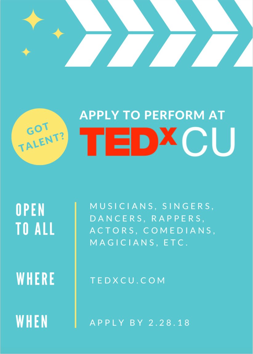 TEDxCUBoulder's tweet image. Only 10 days left to apply to be a performer at TEDxCU! Apply at TEDxCU.com to share your talent and inspire others. TEDxCU 2018 will be on April 21st in the Glenn Miller Ballroom #tedxcu #tedxcu2018