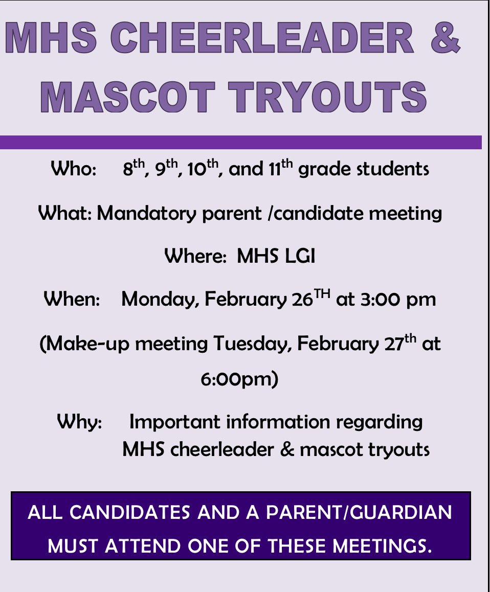 If you are interested in trying out to be a MHS Cheerleader or Mascot make sure you attend one of these meetings!! <a href="/sherrihardy9/">Sherri Hardy</a> <a href="/BrandiHendrix14/">Brandi Hendrix</a>