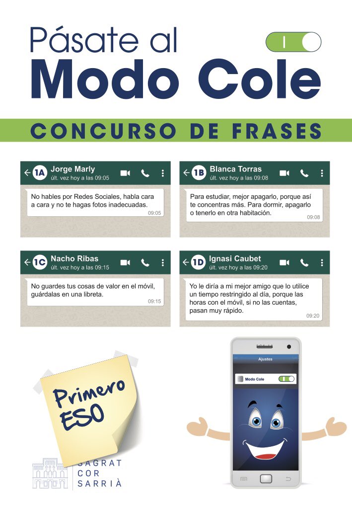 SagratCorSarria's tweet photo. Aquí tenéis la selección de frases de alumnos de primero de ESO sobre el uso del móvil #modocole #concursodefrases #tallersobremoviles #sagratcorsarria #scs #ESO https://t.co/crn2PU27iY