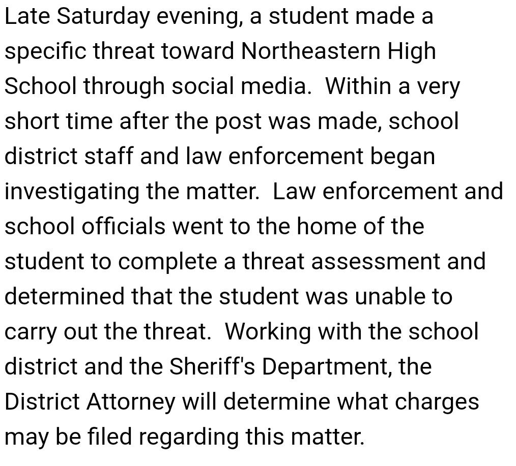 SamWalkerOBX's tweet photo. BREAKING: Statement from Elizabeth City-Pasquotank Schools on social media threat made Saturday night against Northeastern High School: https://t.co/mJ6Uds56nx