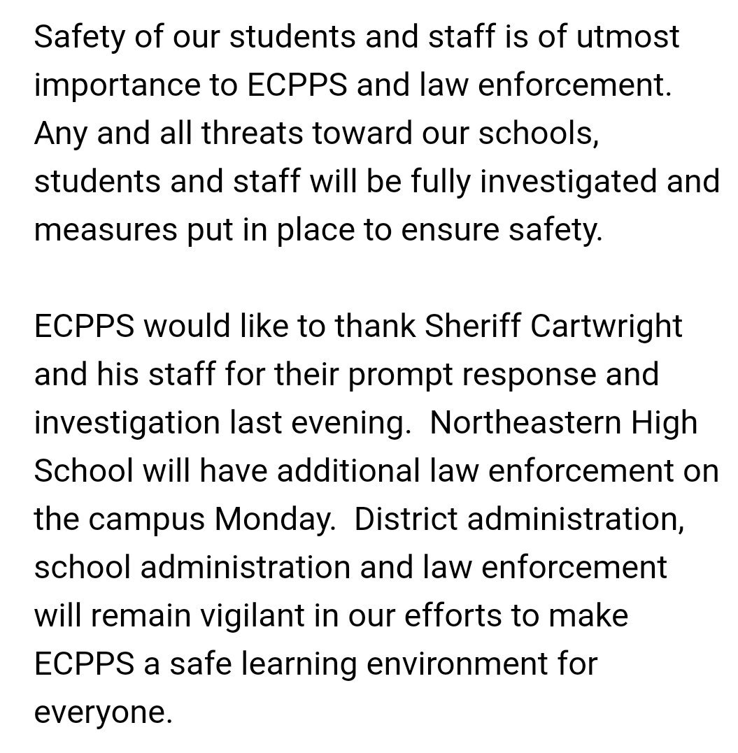 SamWalkerOBX's tweet photo. BREAKING: Statement from Elizabeth City-Pasquotank Schools on social media threat made Saturday night against Northeastern High School: https://t.co/mJ6Uds56nx