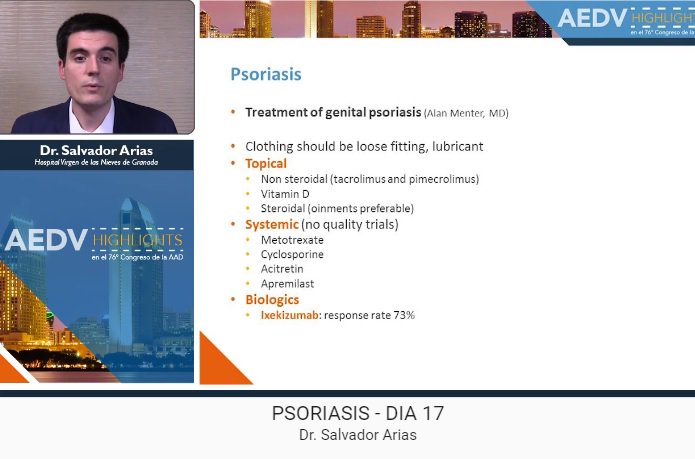 Salvador Arias: “en zonas complejas como la genital, el único fármaco que tiene un estudio cuyo objetivo es medir su eficacia en esta zona es el ixekizumab  con una tasa de respuesta muy buena y mejora de la actividad sexual”, #AAD18 #AAD2018 aad-highlights.com