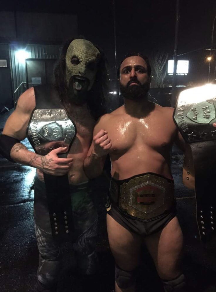 WWJudas's tweet photo. New @ASWCANADA tag team champions @JudasDraven &amp; Thunder from Jalandhar #Luchasaurus https://t.co/24i8xdrEG4
