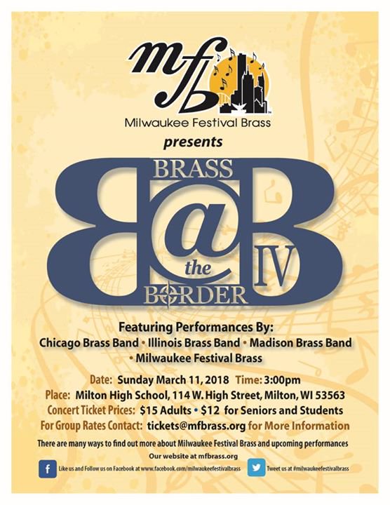 Come hear 3 US Brass Bands preview their  NABBA pieces in Milton WI. <a href="/MFBrass/">Milwaukee Festival Brass</a> <a href="/illinoisbrass/">Illinois Brass Band</a>