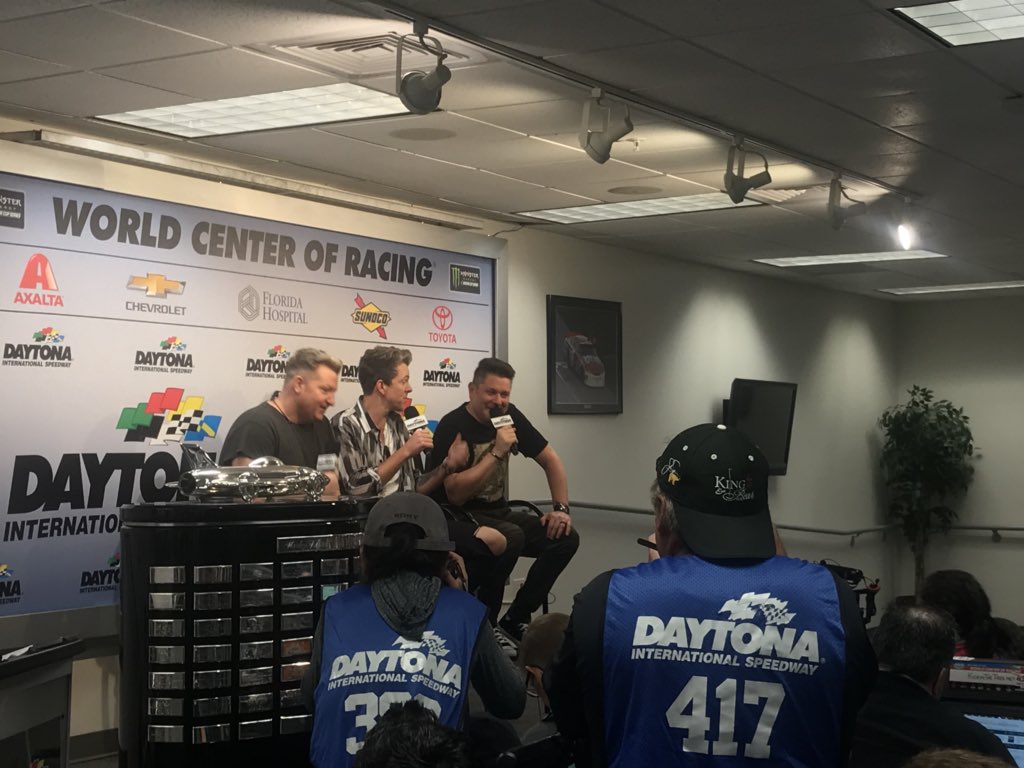 Our #DAYTONA500 Pre-Race Show artists <a href="/RascalFlatts/">Rascal Flatts</a> take the media center stage.