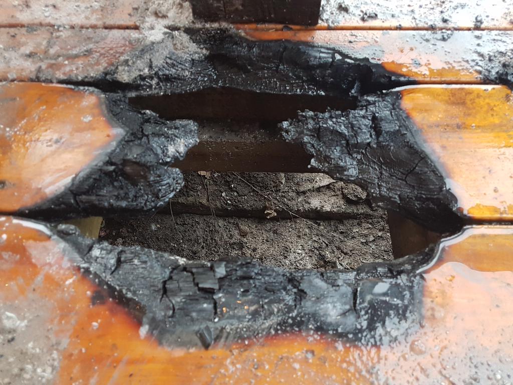 almostafarmBC's tweet photo. Fireplace ashes, cardboard box, wooden deck = dodging a real bad day.... Priceless. #almostafarmbc #hgtvcanada #wtf #fml #farmfail #phew #decks https://t.co/RLhUFBzvZ1