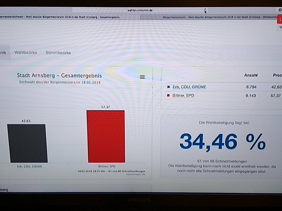 Ich bin ja ganz gespannt. Wird es <a href="/RalfPaulBittner/">Bürgermeister Ralf Paul Bittner</a> oder #TeamErb?
#Arnsbergwaehlt