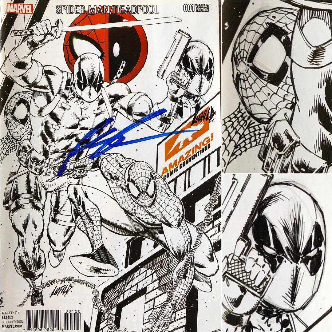 robertliefeld's tweet photo. So I’m doing another twitter giveaway, this time it’s this Spider Man/Deadpool Variant with a Remarque of both on it. Must follow and rt, choose from random selection on Friday at 7pm pacific! Good luck! # https://t.co/Dh9uHOvngo