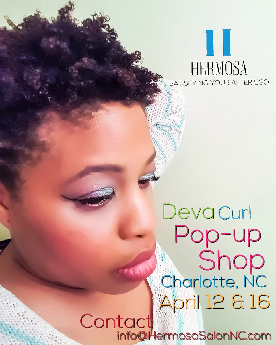 HermosaSalonNC's tweet photo. If your in the #charlotte area, we're having a pop up shop! We are a #DevaCurl inspired salon specialize in #curlyhair health, color and cuts. Contact info@HermosaSalonNC.com for details. 
#hermosasalon #charlotte #matthewsnc #indialtrail #concord #minthill https://t.co/LP98NU2qmR
