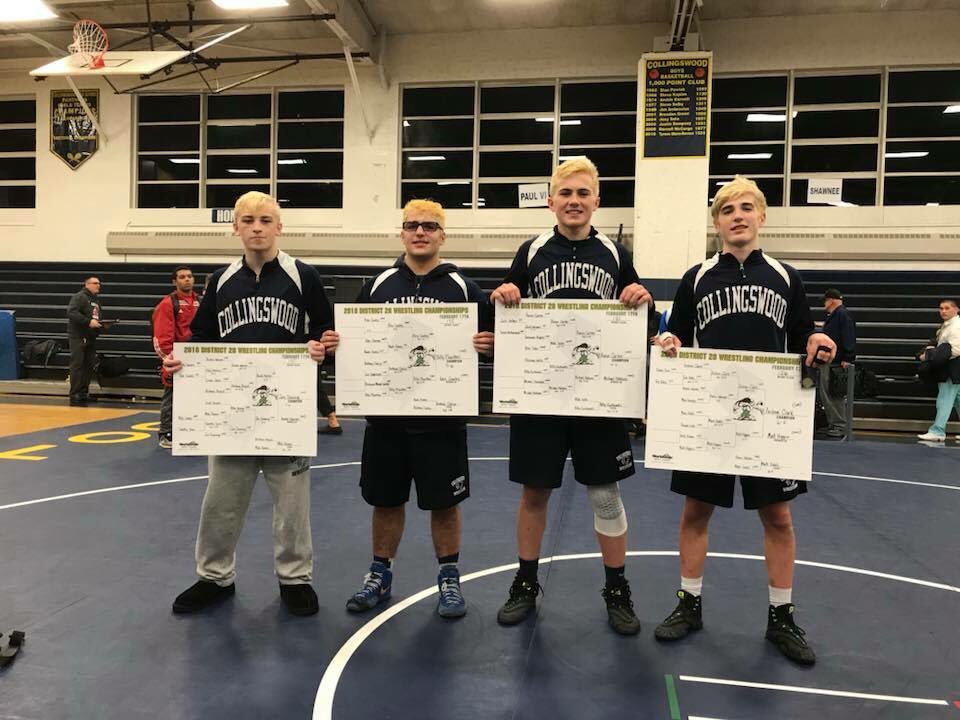 Colls wrestling finishes the district 28 tournament with 4 champs (Andy Clark, Joey Downing, Aaron Carter, and Billy Plianthos) and 2 second place finishes (Donnie Hart and Matt Meloni). The team finished second overall! #RollColls