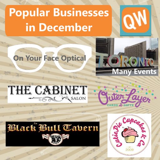 Audience says these are Popular in Dec !! Advertise in the #QueenWest #MobileApp, get discovered by strangers.  First Time <a href="/TheCabinetSalon/">The Cabinet Salon</a> <a href="/outerlayer/">Outer Layer</a> !!  <a href="/oyfoptical/">On Your Face Optical</a> for new Wall Art!  <a href="/CutiePieCo/">cutie_pie.co</a> for Flavour #BlackBullTavern @npstoronto
