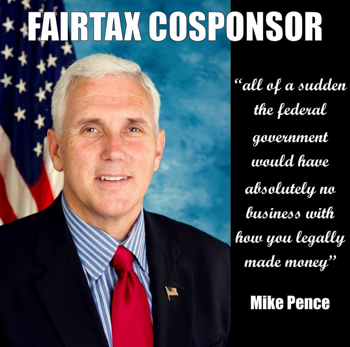 For 12 years <a href="/Mike_Pence/">Mike Pence</a> was a cosponsor of HR 25 <a href="/FAIRtax/">Mickey Lattimore</a> in <a href="/Congress/">Congress</a>. <a href="/realDonaldTrump/">Donald J. Trump</a> time to run on it in 2020. <a href="/SarahHuckabee/">Sarah Huckabee Sanders</a> <a href="/GovMikeHuckabee/">Ambassador Mike Huckabee</a> <a href="/MariaBartiromo/">Maria Bartiromo</a> <a href="/dagenmcdowell/">Dagen McDowell</a> <a href="/MorningsMaria/">Mornings with Maria</a>