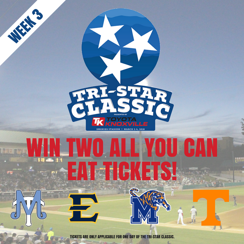 ToyotaKnoxville's tweet photo. Week three of our all you can eat ticket giveaway for the Tri-Star Classic presented by @ToyotaKnoxville is here! Retweet and follow @ToyotaKnoxville to enter for a chance to win! A winner will be announced February 24th at 5 P.M., so be sure to get your entries in on time! https://t.co/GDjREXy2mu