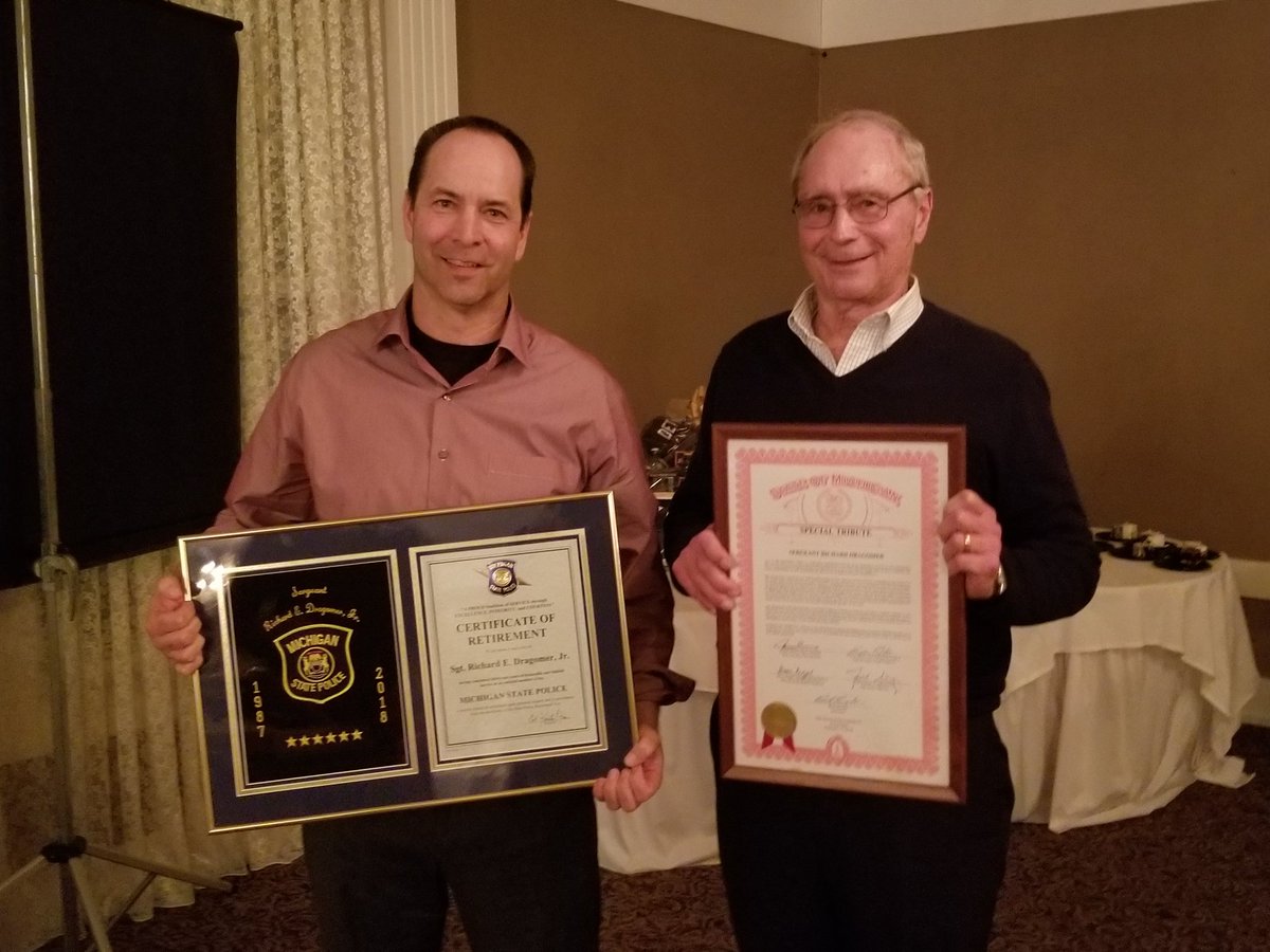 JohnMProos's tweet photo. Congratulations & thank you to Sergeant Richard Dragomer on his #retirement from the @MichStatePolice after 31 years of service. His father, retired Michigan State Police Captain Richard Dragomer, was there to help celebrate & share stories. #SWMIService https://t.co/fHyB9tQQKc