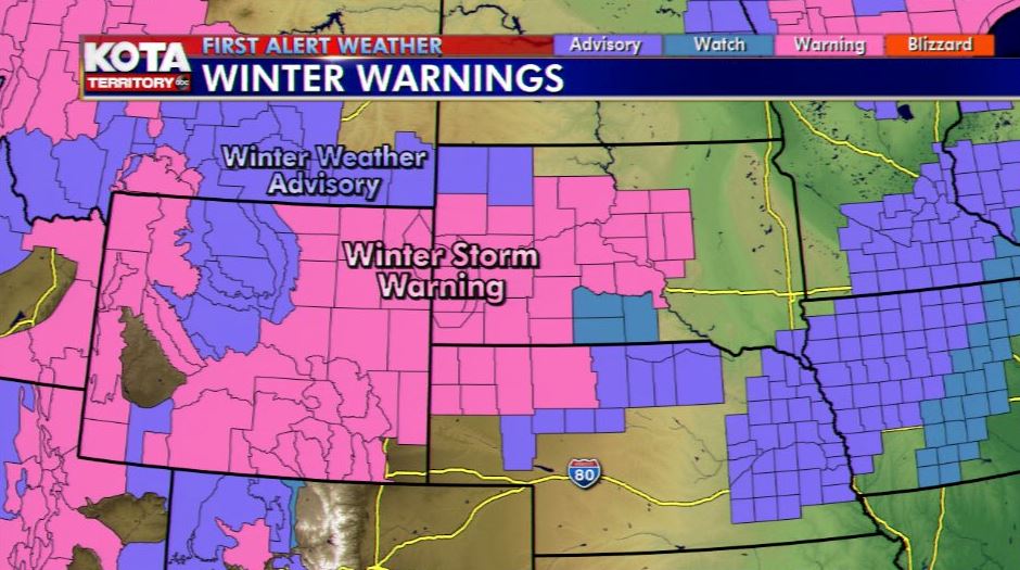 kotatweets's tweet image. Winter Storm Warnings have been issued for much of KOTA Territory for Sunday afternoon through Monday night. Expect poor driving conditions tonight and tomorrow. #KOTAWeather