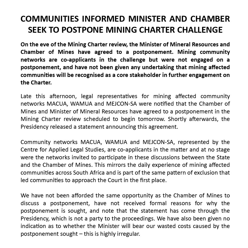 CALS_ZA's tweet photo. Chamber of Mines has agreed to a postponement for #MiningCharter review. Mining community networks are co-applicants in the challenge but were not engaged on a postponement. We will be appearing on their behalf in Pretoria High Court tomorrow. 1000 people set to march outside https://t.co/tNDeg06JM6