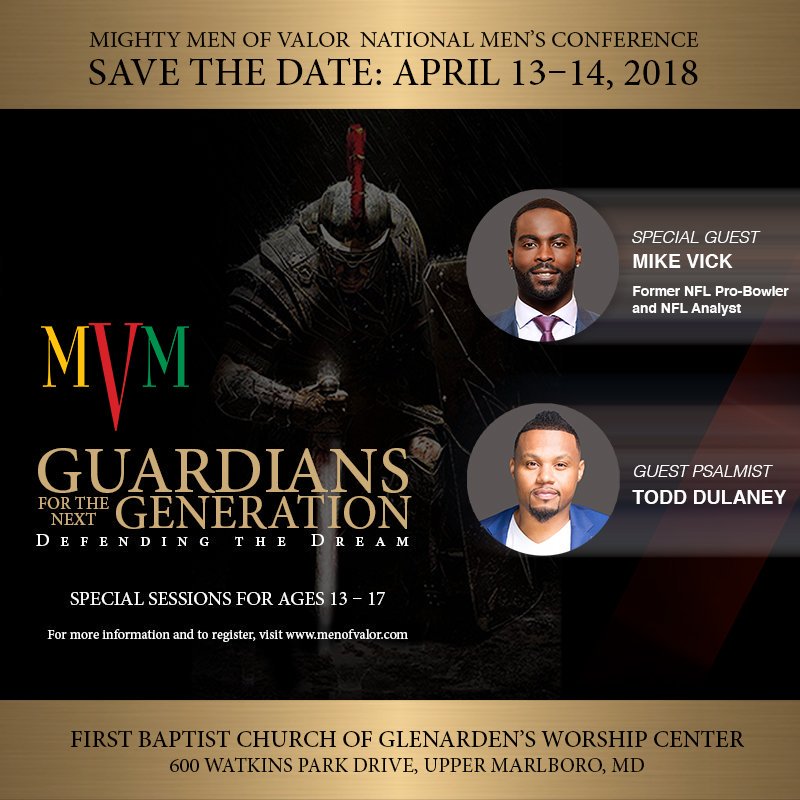 HeyPapiPromos's tweet photo. Save the date April 13 - 14 for @MVMConference 2018 @FBCG with Former NFL Pro-Bowler &amp; NFL Analyst☆@MichaelVick Grammy Award Nominated worship artist☆@ToddDulaney Inspirational Speaker☆@PWILLIE1 ☆@DrJohnnyParker &amp; more. Register at https://t.co/caBT90zXWv Retweet News! #MVM18 https://t.co/DEUT7ldHBY