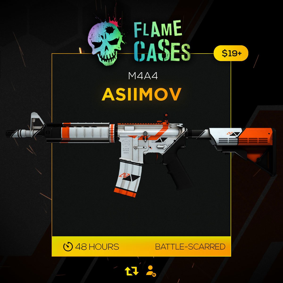 flamecasescom's tweet photo. M4A4 ASIIMOV #GIVEAWAY

-Follow &amp; RT &amp; Like
-Go https://t.co/RRs6yziWjC       
-Tag a friend
-Put #flamecasesarmy in bio! (Optional)

48 HOURS https://t.co/k6xJgKxqIH