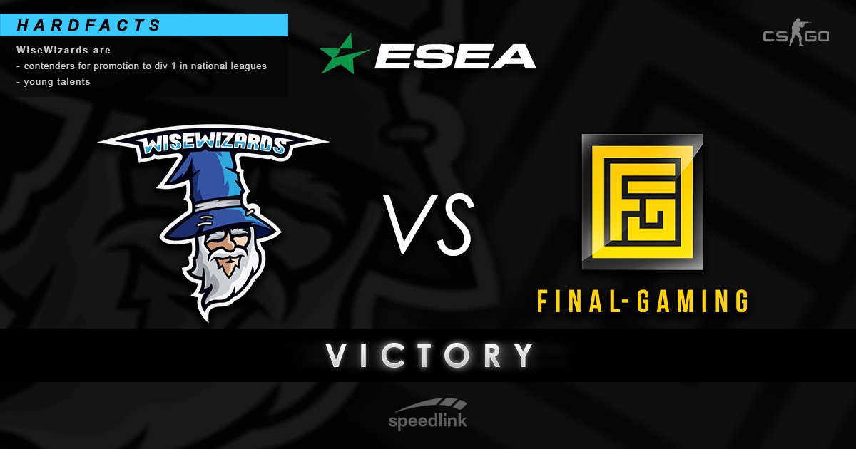 finalgaming_de's tweet photo. Victory!
Win against @wisewizardsorg on Nuke in @ESEA Main! @neviZCSGO @shiptacsgo @stKocs @xelboW @CSsynx GG WP! Currently rank 15 with 6 - 1! Stay tuned. #goFINAL #beGAMING https://t.co/2KHBTvWLCO