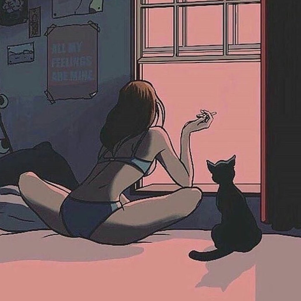 Девушка с котом рисунок
