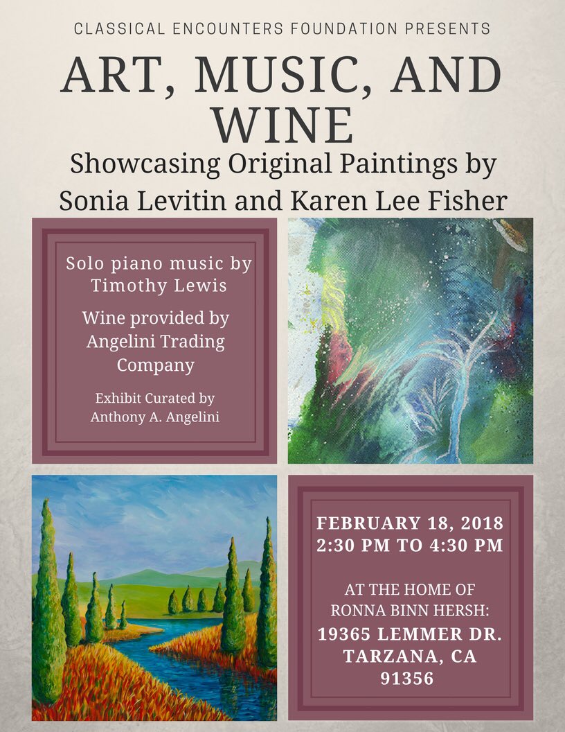 TravelNTaste4U's tweet photo. So excited about this event!
#Art, #Music &amp; #Wine Showcasing Original Paintings by
#SoniaLevitin &amp; #KarenLeeFisher  
Solo Piano #Music by #TimothyLewis
Wine Provided by #AngeliniTradingCompany 
Exhibit Curated by @LosAngelini 🍷 https://t.co/jYGFSxmiIc