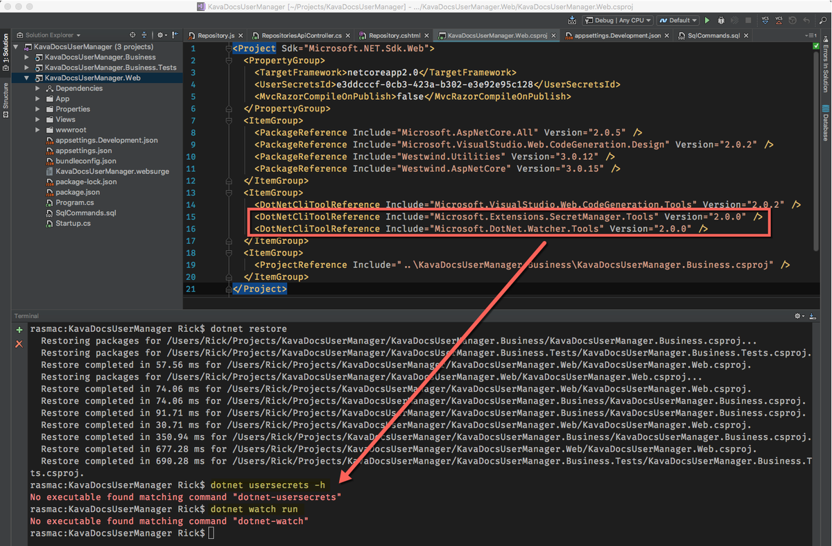 RickStrahl's tweet image. Can&apos;t figure out why various developer tooling isn&apos;t working on the Mac for an SDK Project. Added tool ref&apos;s, restored, but running from Command Line fails. Any ideas? #aspnetcore #dotnetcli