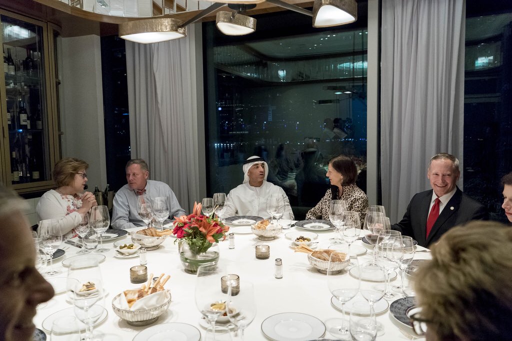 UAEEmbassyUS's tweet photo. Ambassador Yousef Al Otaiba hosted a working dinner #inAbu Dhabi tonight with a delegation of senior #US Senators; @SenatorBurr, @JohnCornyn, @Johnthune & @JoeManchinWV , as well @USAinUAE Amb. @SafiraLeaf discussing #UAEUSA close bilateral relations & issues of mutual interest https://t.co/6ETpZ9FbCY