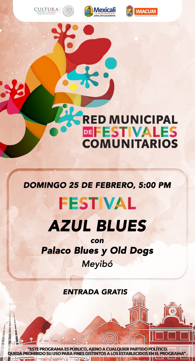 MexicaliCultura's tweet photo. Próximo Domingo 25, se lleva a cabo el #Festival
AZUL #BLUES
con #Palaco Blues y #OldDogs
Meyibó #Mexicali desde las 5PM #Gratis https://t.co/59sYhSafQJ