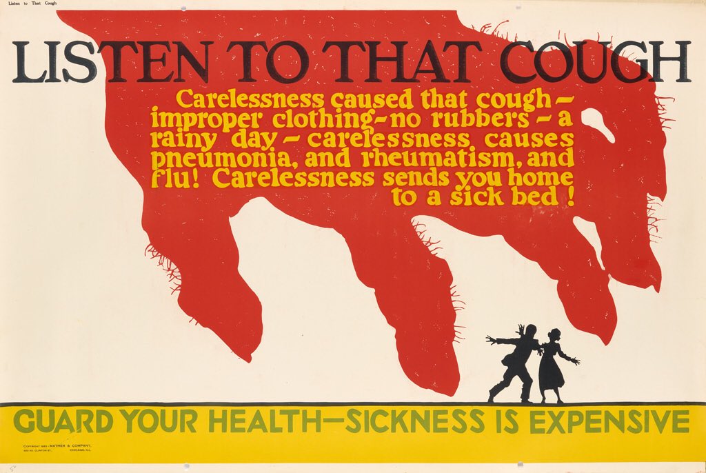 NichoLowry's tweet photo. When art imitates life -a 1923 Mather work incentive poster, warning about the flu. The big, red, hairy hand of sickness. #guardyourhealth part of the #gailchisholm collection at auction @swanngalleries #health #noflu #wearyourrubbers #vintageposter https://t.co/ST2kNI3PXD
