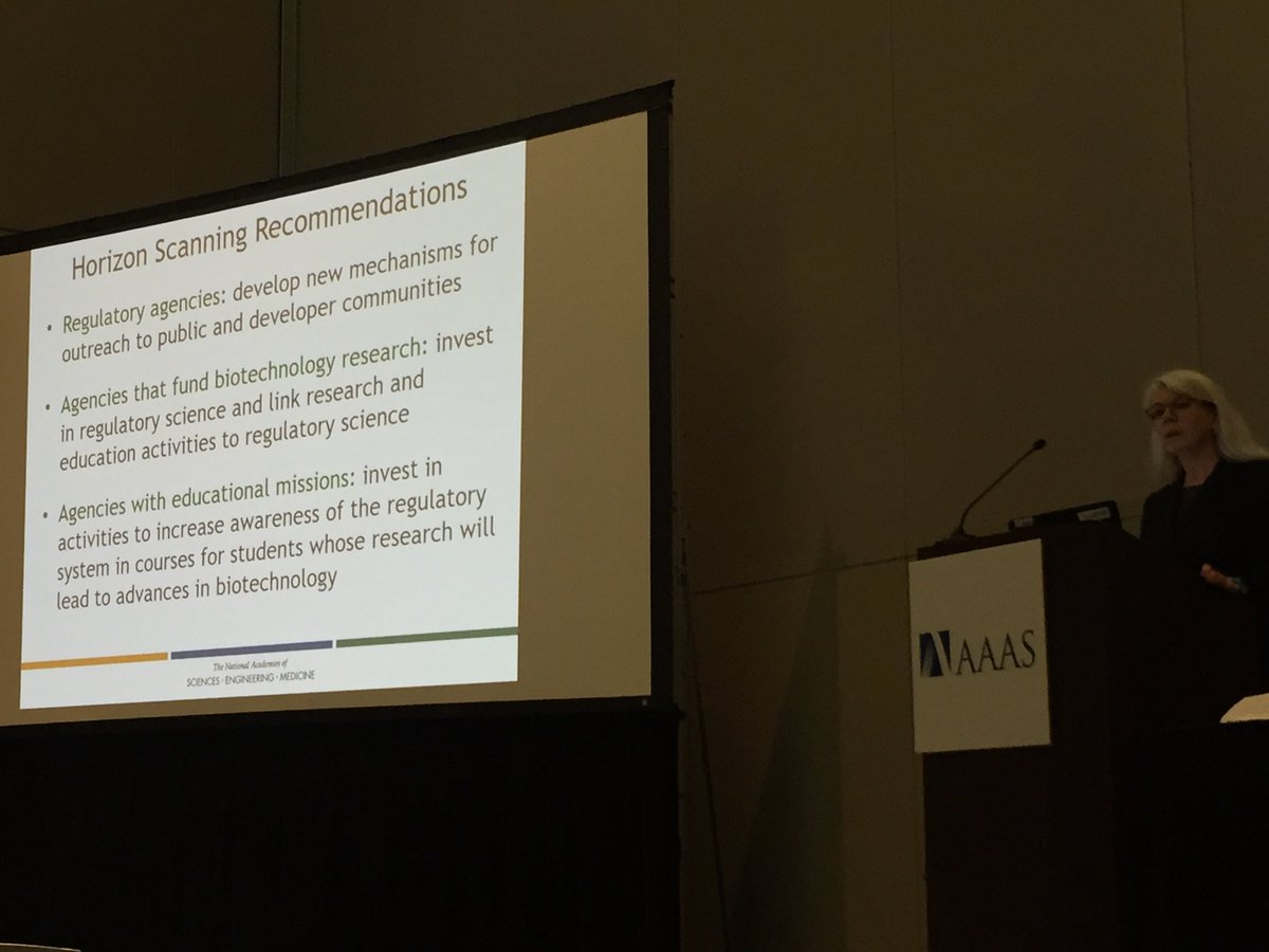 KLaneyWDC's tweet photo. Federal regulatory agencies should engage in horizon scanning to find out more about #biotechnology products in development. @MaryEMaxon shares the horizon scanning recommendations of @theNASEM #BiotechStudy at #AAASmtg #aaas2018 https://t.co/rwg1DkqB2Q