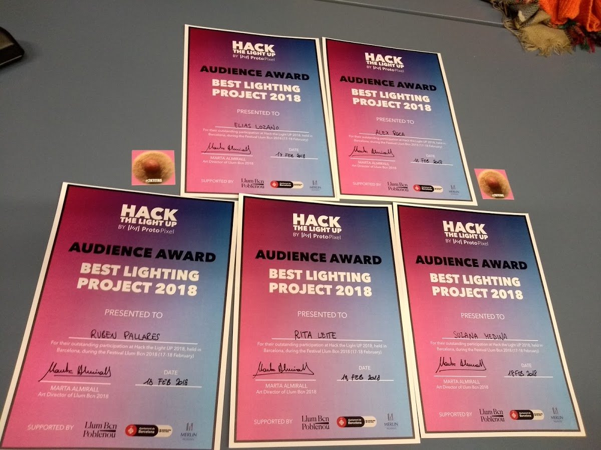 Anarkade's tweet photo. Some Kaos (a.k.a. Anipplekade) team pics from the #HackTheLightUP #lighting #hackaton / #LlumBCN18 festival! We were both #RawalRumble artists + guest stars Rita Leite, Rubén Pallarés and @susanaBubbles, designer at King who typically is pink haired, like Laia from #RawalRumble! https://t.co/DoLYXve0fm