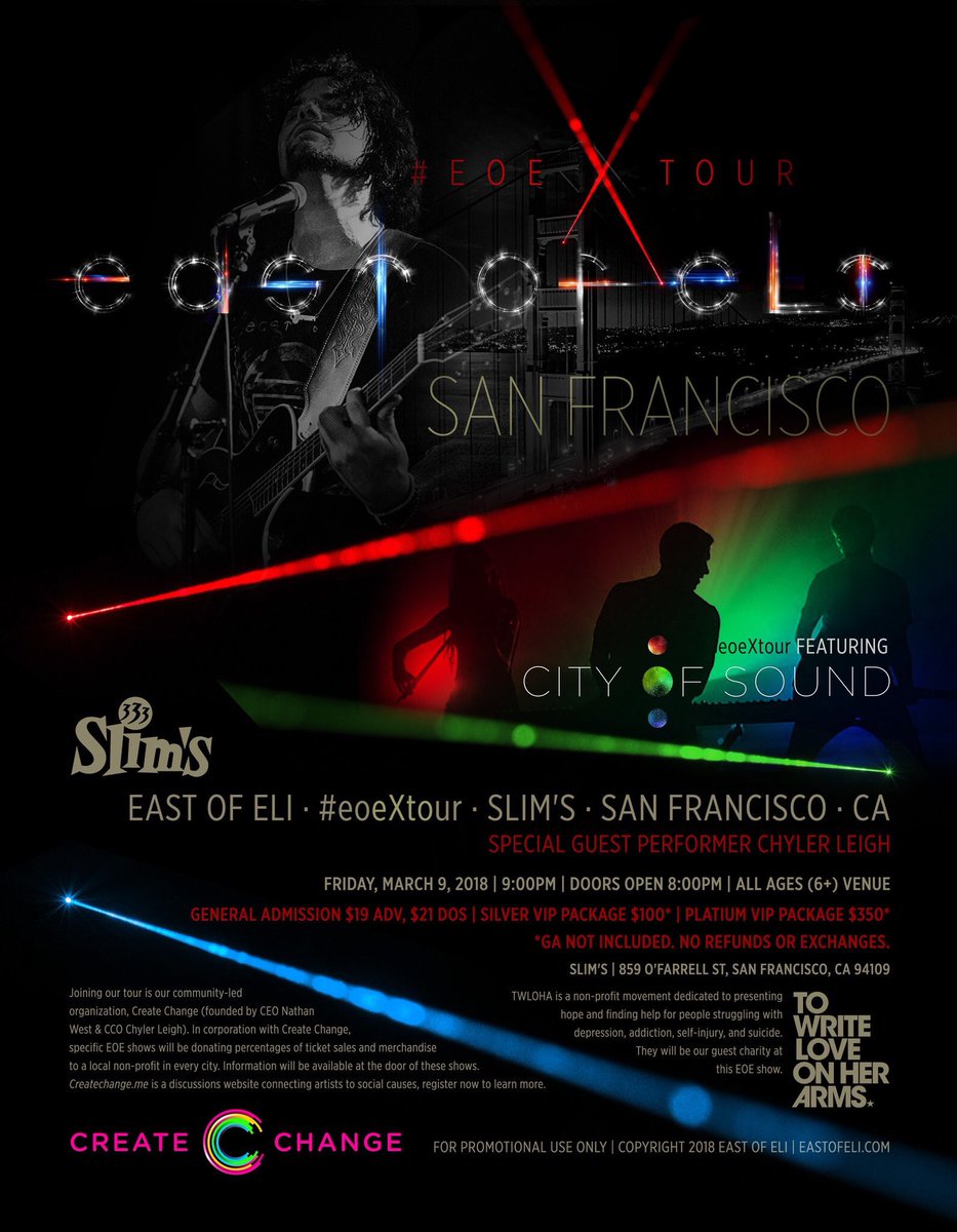 fox_trot35's tweet photo. I love a good time, especially when paired with great live music. Stoked for the #eoeXtour / #EOEexperience to hit SF. My ears are ready for the new tunes, and my body for the new threads/merch. @eastofeli is bonusing us with @chy_leigh making an appearance AND @TWLOHA 🙌🏻😍 https://t.co/GChXSkgIUG