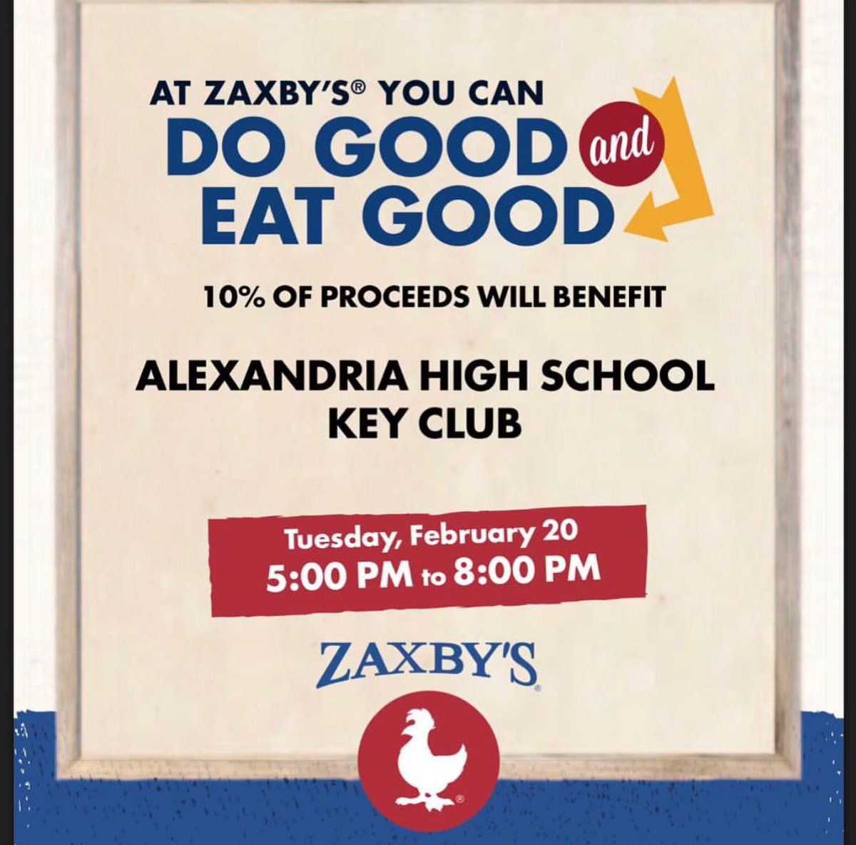 Come out and support the Alexandria Key Club and other District 6 Clubs at our Zaxby’s Spirit Night on Tuesday, February 20th from 5:00 to 8:00 p.m. at the Anniston location!