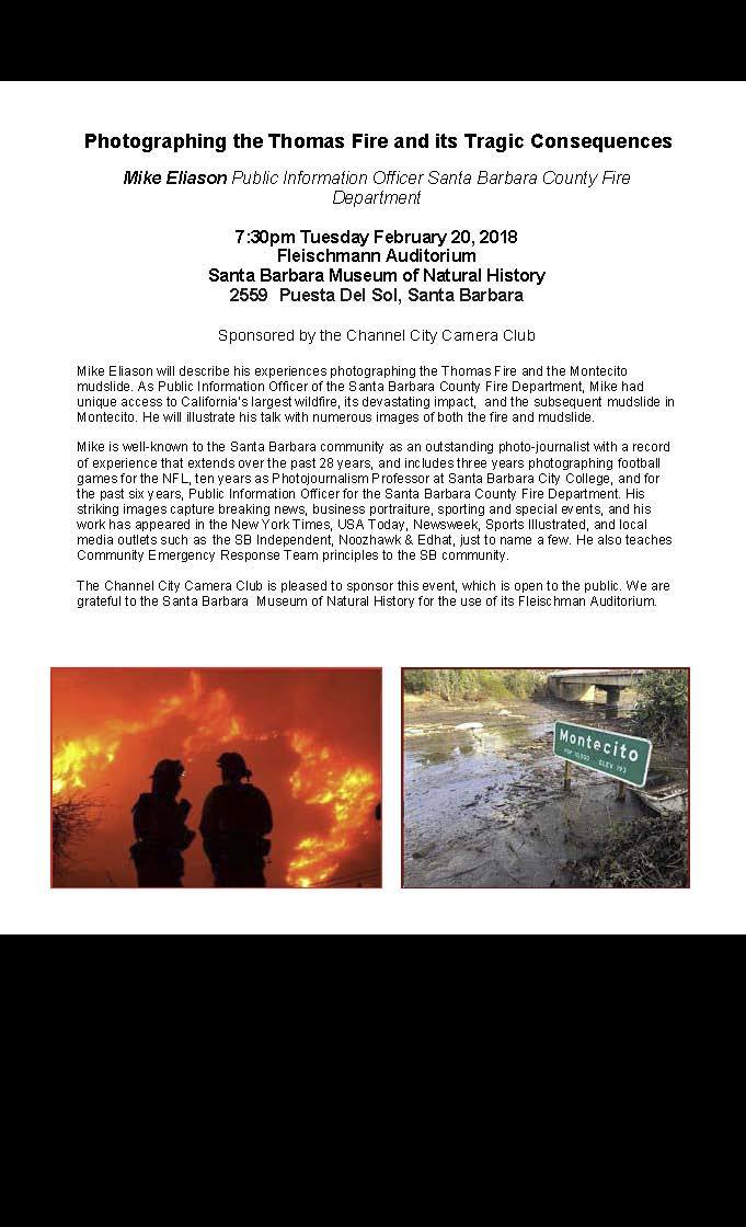 Lisa_FM's tweet photo. You've likely seen @EliasonMike 's #ThomasFire & #MontecitoFlood #19storm #19debrisflow photos online or on TV. Here's your chance to see them on the big screen + hear stories about them Tuesday at @sbnature #SantaBarbara, presented by Channel City Camera Club @keagle805 https://t.co/PCHlLLQlPY