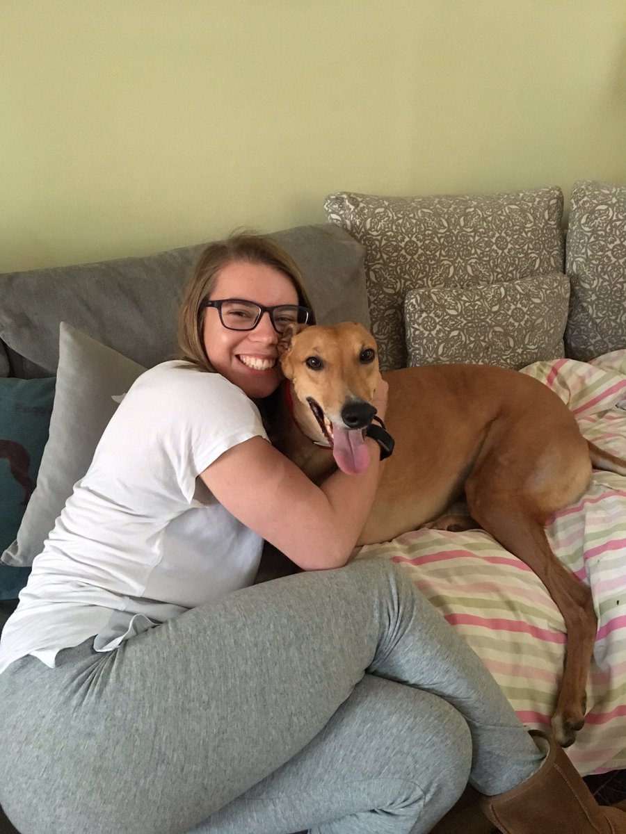 divagreyhound's tweet photo. Me and mummy having a cheeky cuddle on her day off! Had to sneak one in whilst @FreddieTheGrey wasn't around 😉😉😂😂 https://t.co/E37ydUaHNu