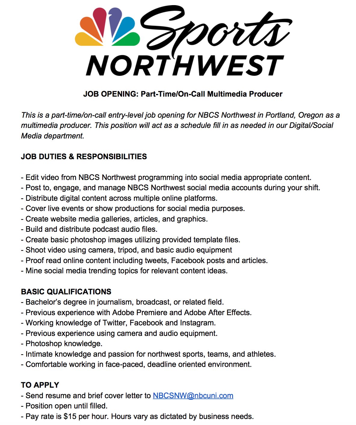NBC Sports Northwest on X We are on the hunt for a part time on call Multimedia Producer Got some edit skills Love social media and sports Come join our team. Position open until
