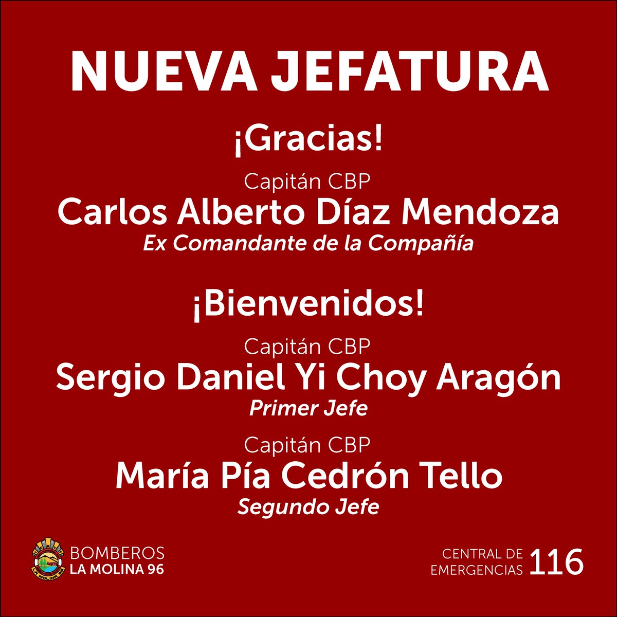 NUEVA JEFATURA
Agradecemos a nuestro Capitán CBP Carlos Alberto Díaz Mendoza por sus años al servicio de nuestra Compañía. Ahora, damos la bienvenida a una nueva jefatura conformada por el Capitán CBP Sergio Daniel Yi Choy y la Capitán CBP María Pía Cedrón Tello. #LaMolina96