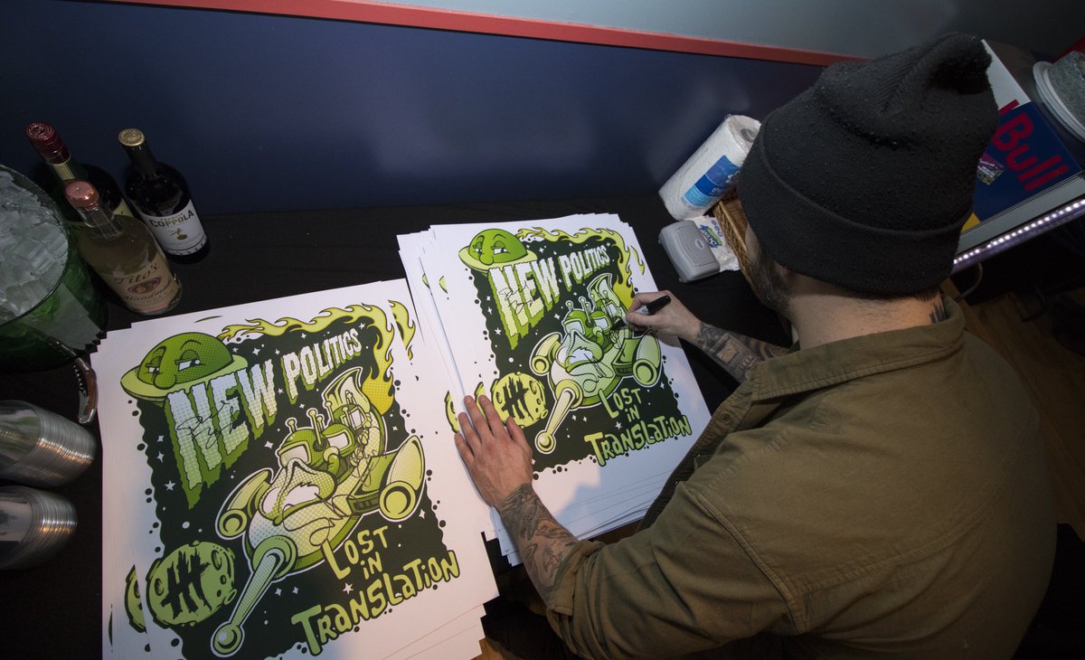 NewPolitics's tweet image. Limited signed posters available at our merch table! Purchase includes a photo meet &amp;amp; greet after the show! 🤘🏽