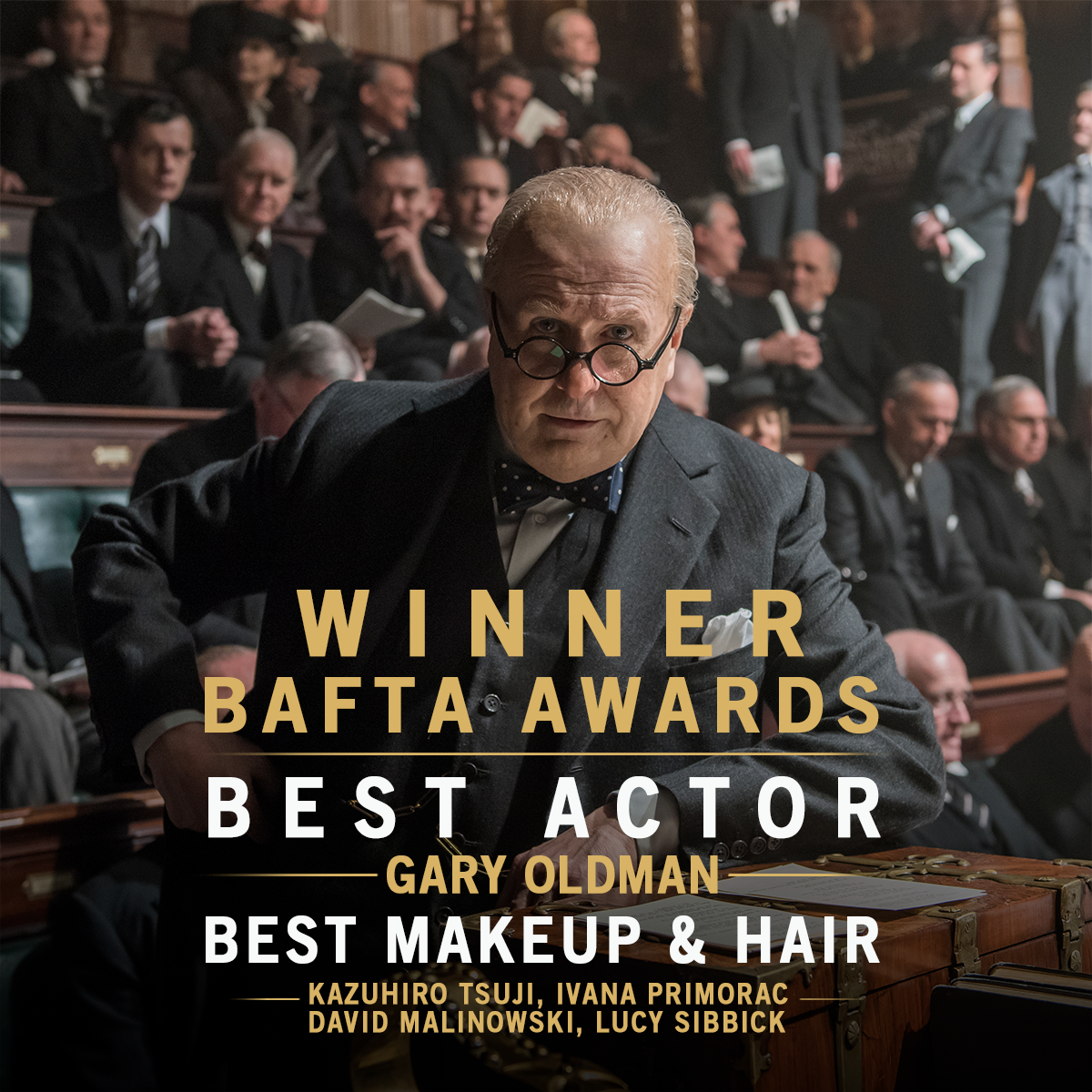 DarkestHour's tweet photo. Three cheers for #BAFTA winners Gary Oldman and the #DarkestHour makeup &amp; hair team! https://t.co/ltwBB0dOvZ