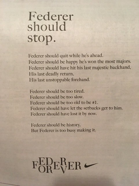 Más En realidad Irregularidades fedfan827 on Twitter: "Nike ad in today's NY Times. Federer Forever ❤️  https://t.co/O40q6AybQM" / Twitter